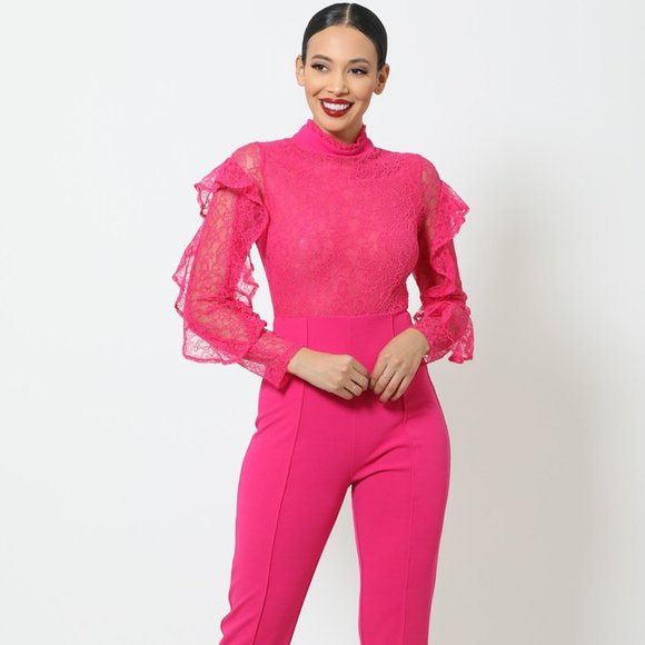 Fuchsia Lace Ruffle Long Sleeve Jumpsuit - Picture 1 of 5